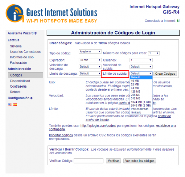 Límite de subida de datos