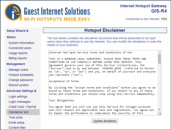 Hotspot disclaimer