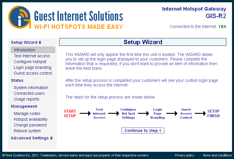 Wi-Fi hotspot gateway setup wizard