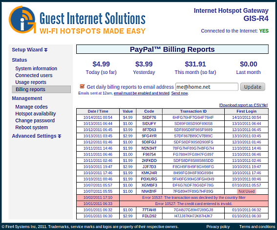 Guest Internet GIS-R4 Hotspot Gateway Billing Report